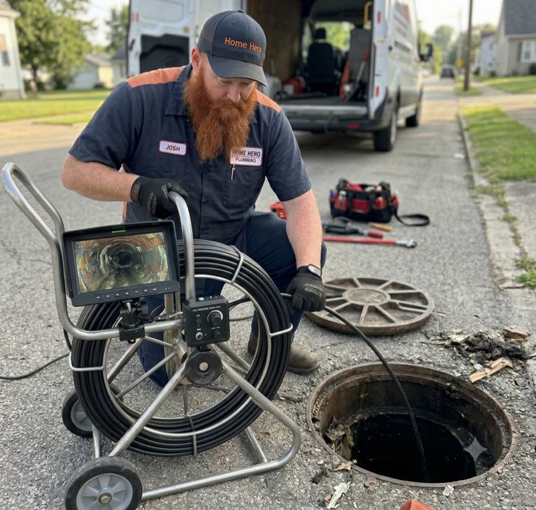Home Hero Plumbing owner Josh running a sewer camera inspection at a manhole beside the company van